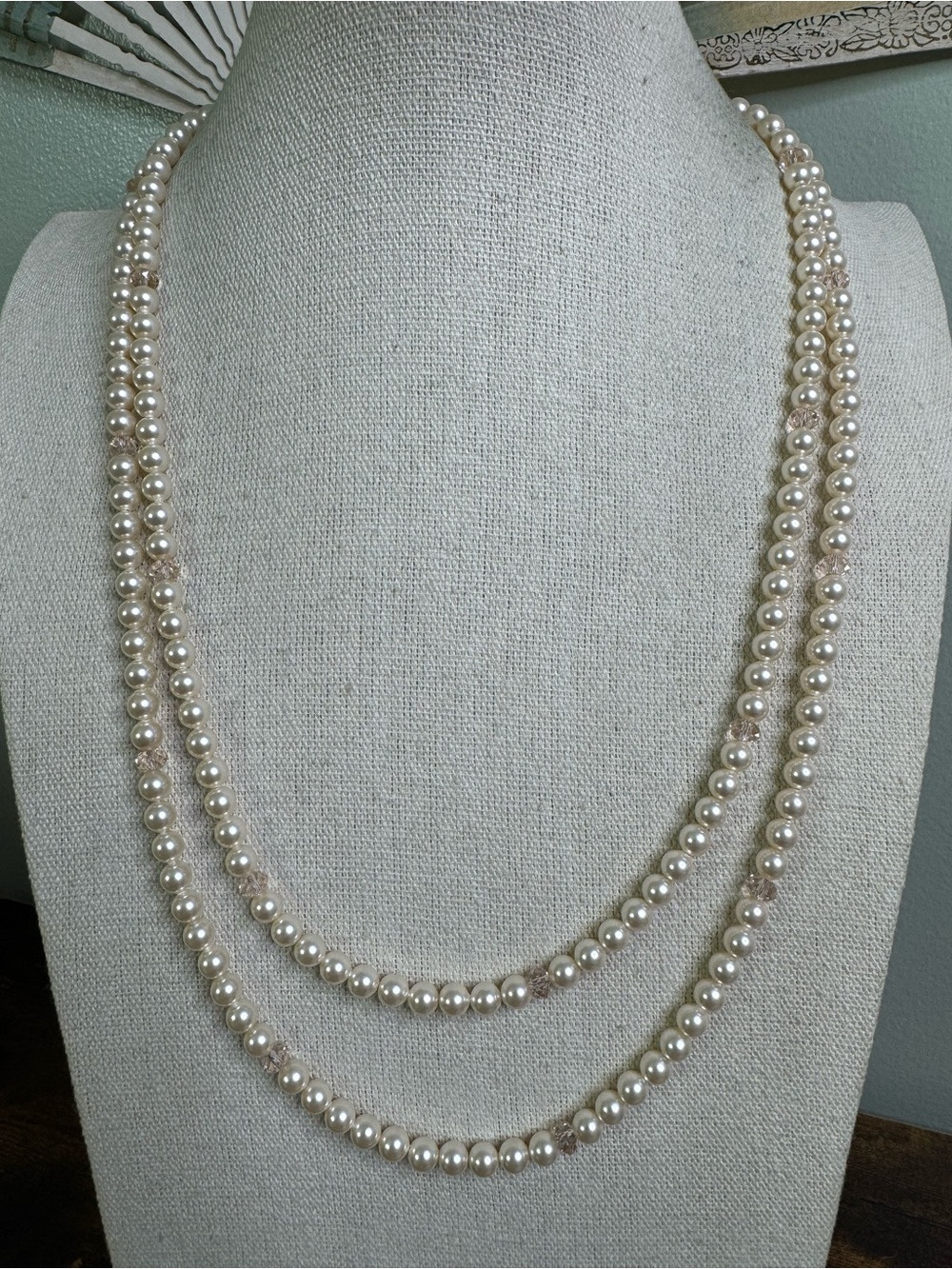 Glass Pearl Necklace with Crystal Beads and Sterling 925 Clasp 1920’s Flapper